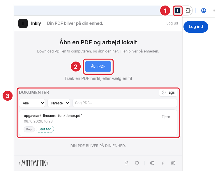 Inkly-menuen i Chrome med knappen Åbn PDF og listen Dokumenter