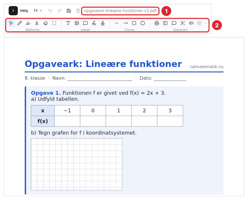 Inklys editor med en PDF, filnavnet og værktøjslinjen