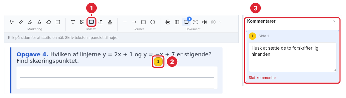 Værktøjet Kommentar er valgt, med en nål på siden og tekst i panelet Kommentarer