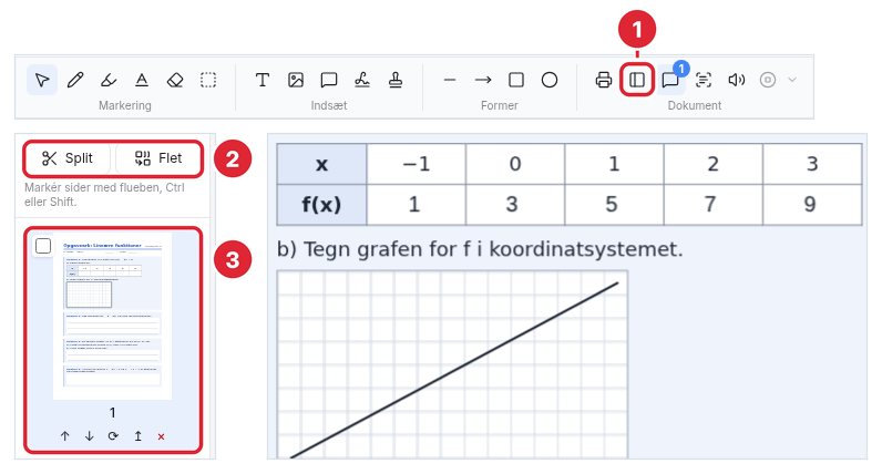 Panelet Sider med knapperne Split og Flet og en miniature af PDF'en